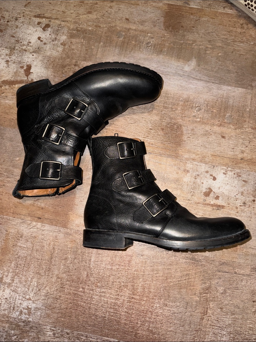 Rare Frye Natalie Triple Buckle Moto Engineer Boots - Black Leather - Zip - W11